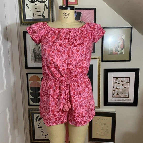 Vineyard Vines women's pink/red tile Otomi off the shoulder romper sz med - Picture 2 of 9